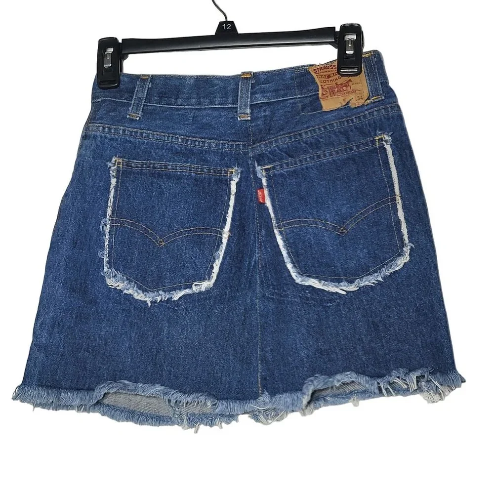 Levis Reworked Button Fly Fringe Denim Blue Jean Skirt 0 Upcycled Grunge Western